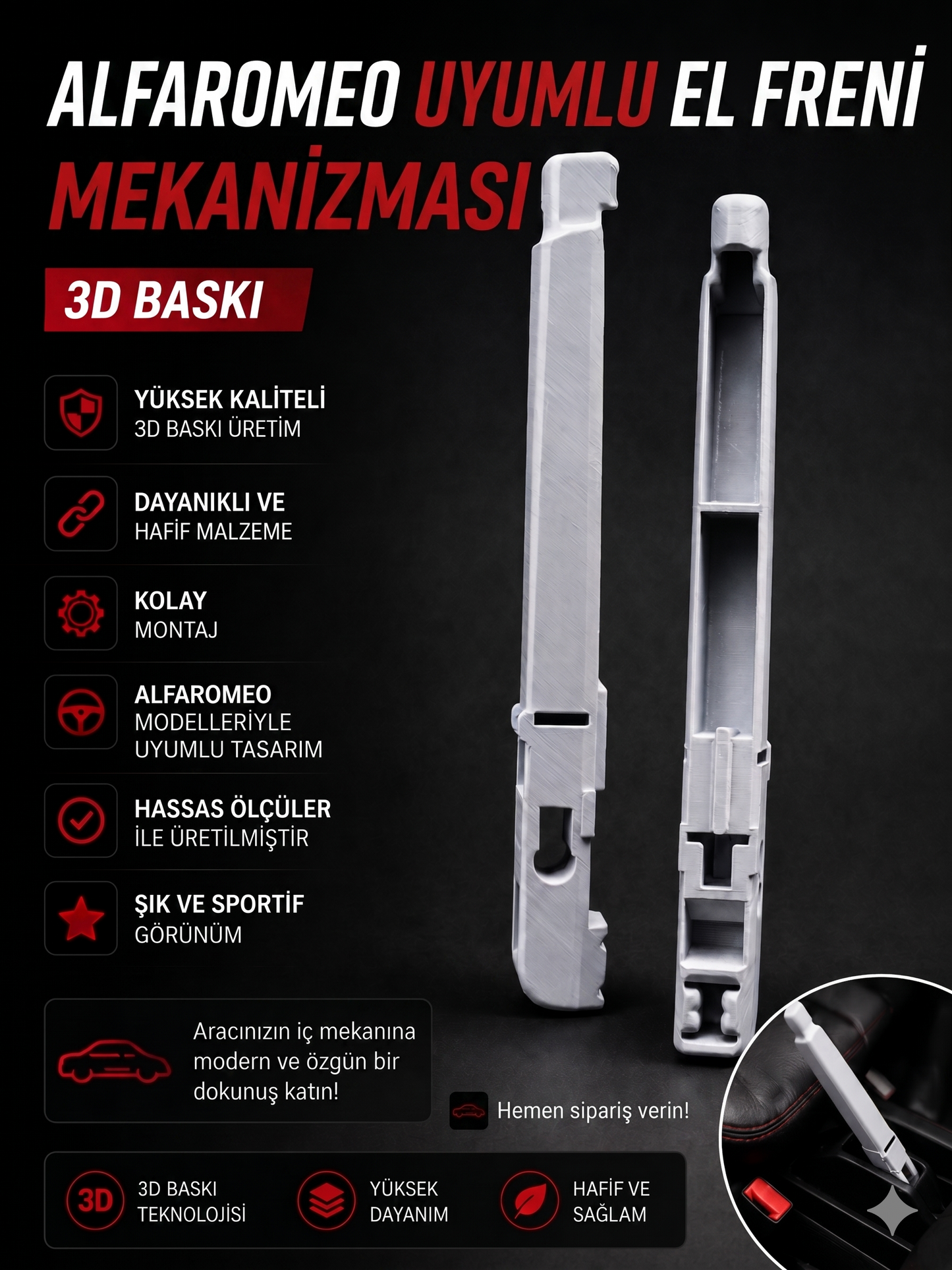 Alfa Romeo Modelleri ile Uyumlu El Freni Mekanizması / Kolu (3D Baskı)